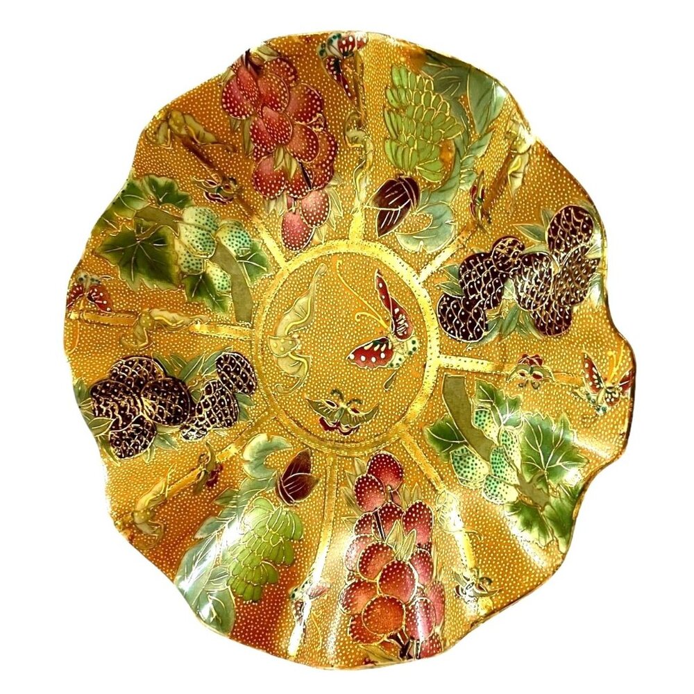 VTG Chinese Gold Moriage Rose Fruit Medallion Porcelain Scalloped 10” Plate